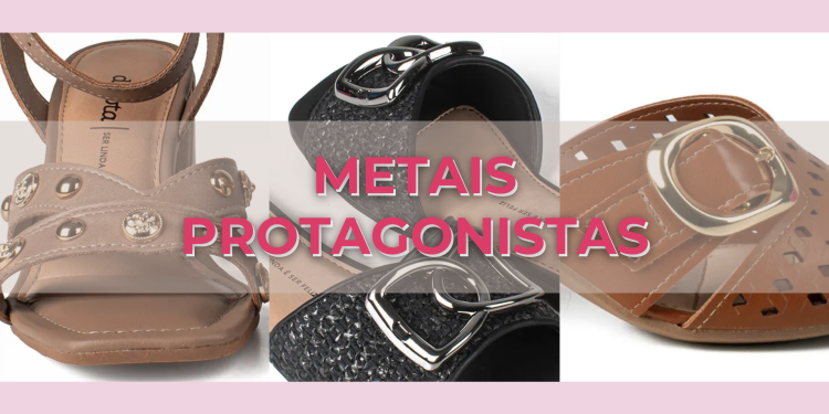 Calçados com metais protagonistas. (Fotos: divulgação)