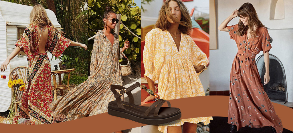 Estilo Boho: flatform marrom + vestido floral. (Fotos: divulgação)