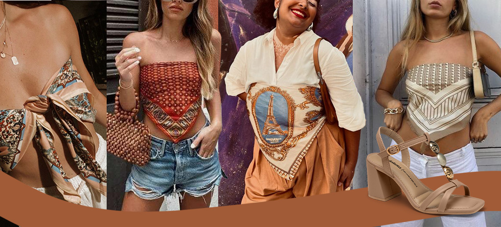 Estilo Boho: sandália de salto bloco + top de lenço. (Fotos: divulgação)