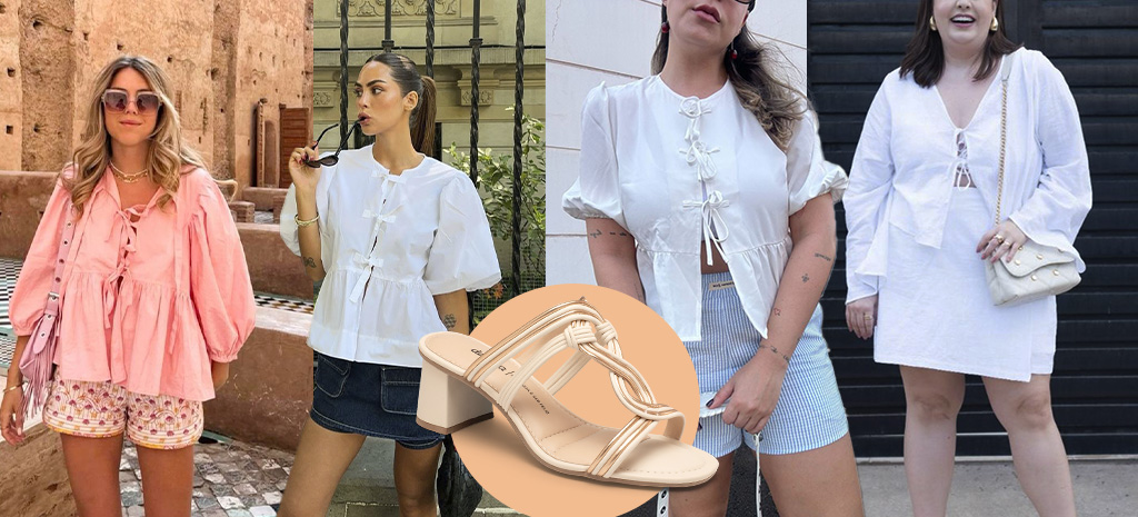 Tamanco e blusa com amarração frontal. (Fotos: divulgação)